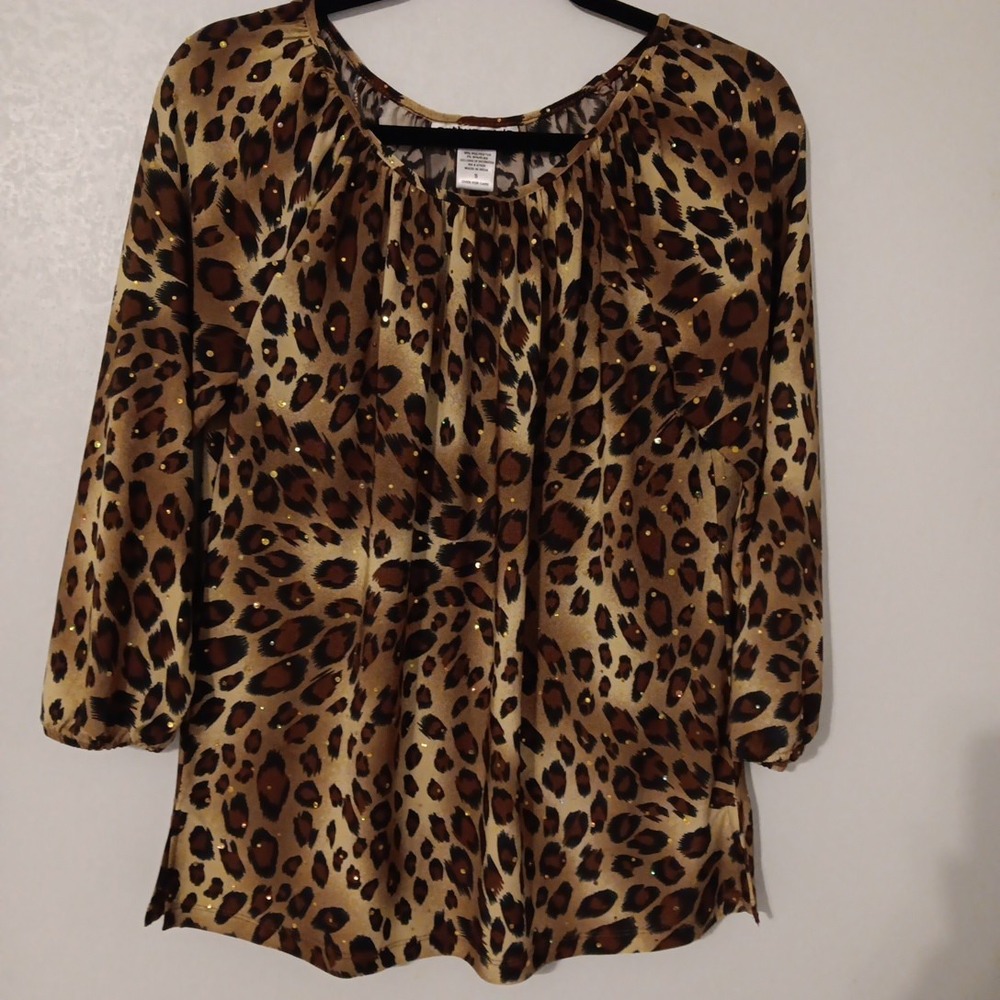 Cathy Daniels Women's Blouse Sz.S Animal Print w/ Sequins 3/4 Sleeve